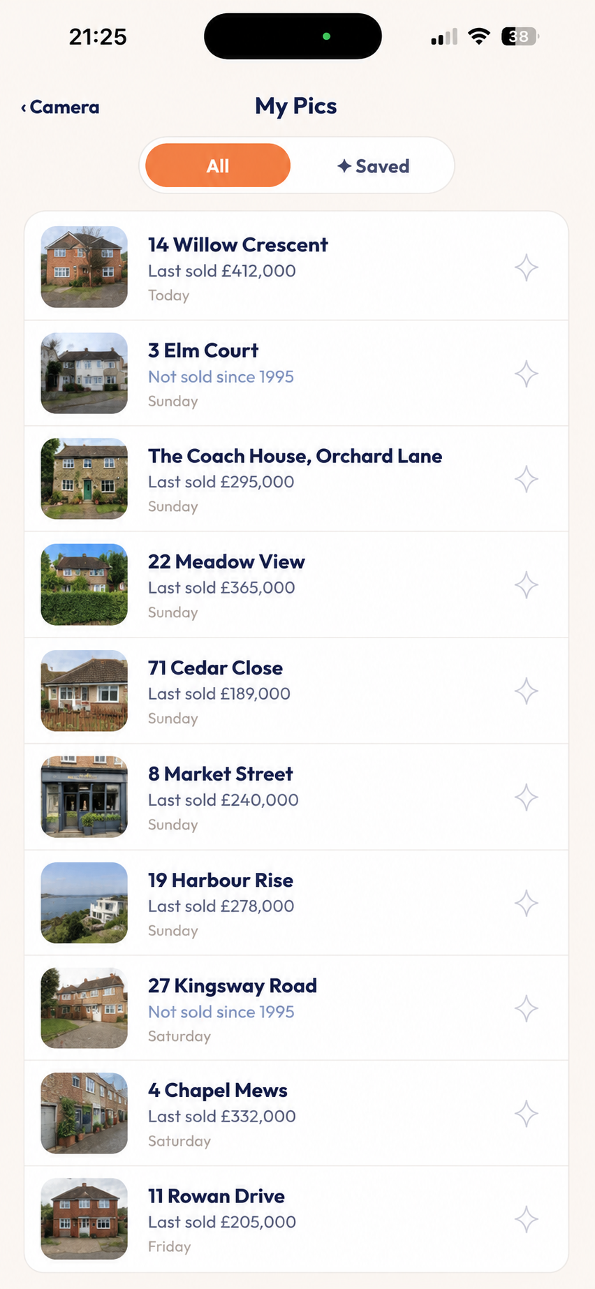 My Pics screen showing saved property discoveries