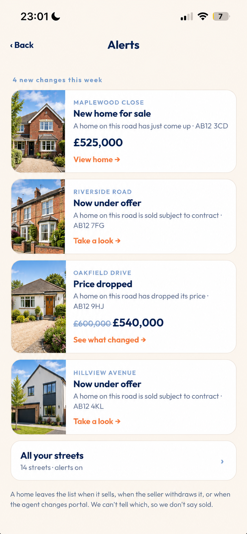 PicAHome Alerts showing new homes for sale, price drops and properties under offer on watched streets