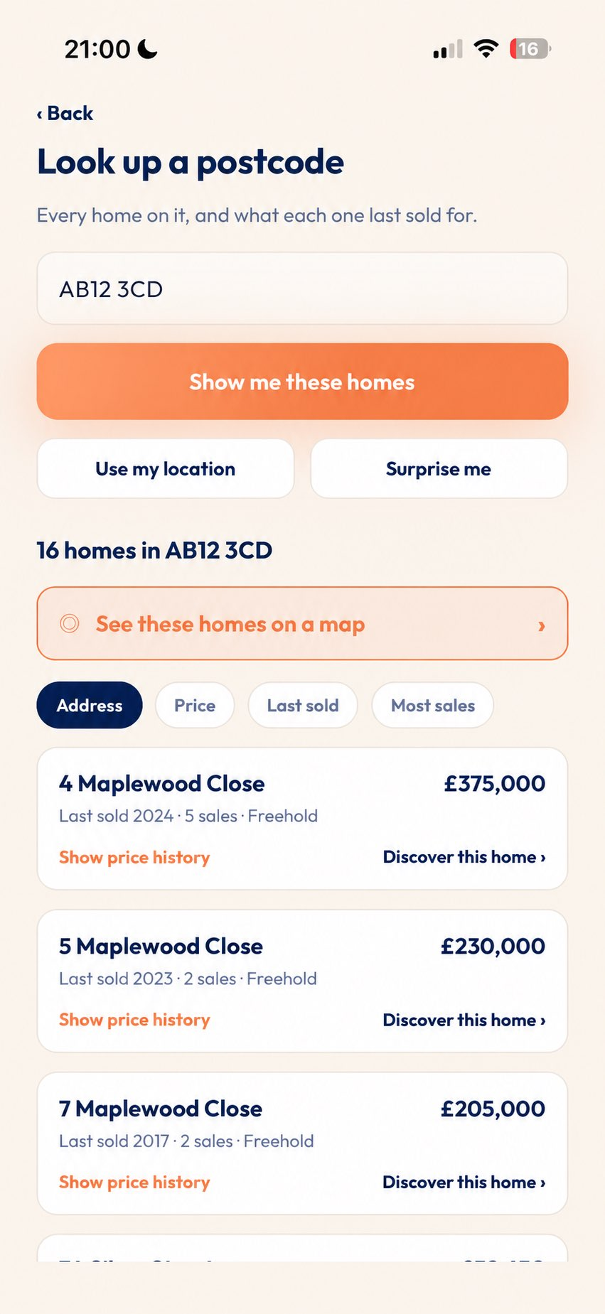 Postcode lookup listing the homes on a street and what each last sold for
