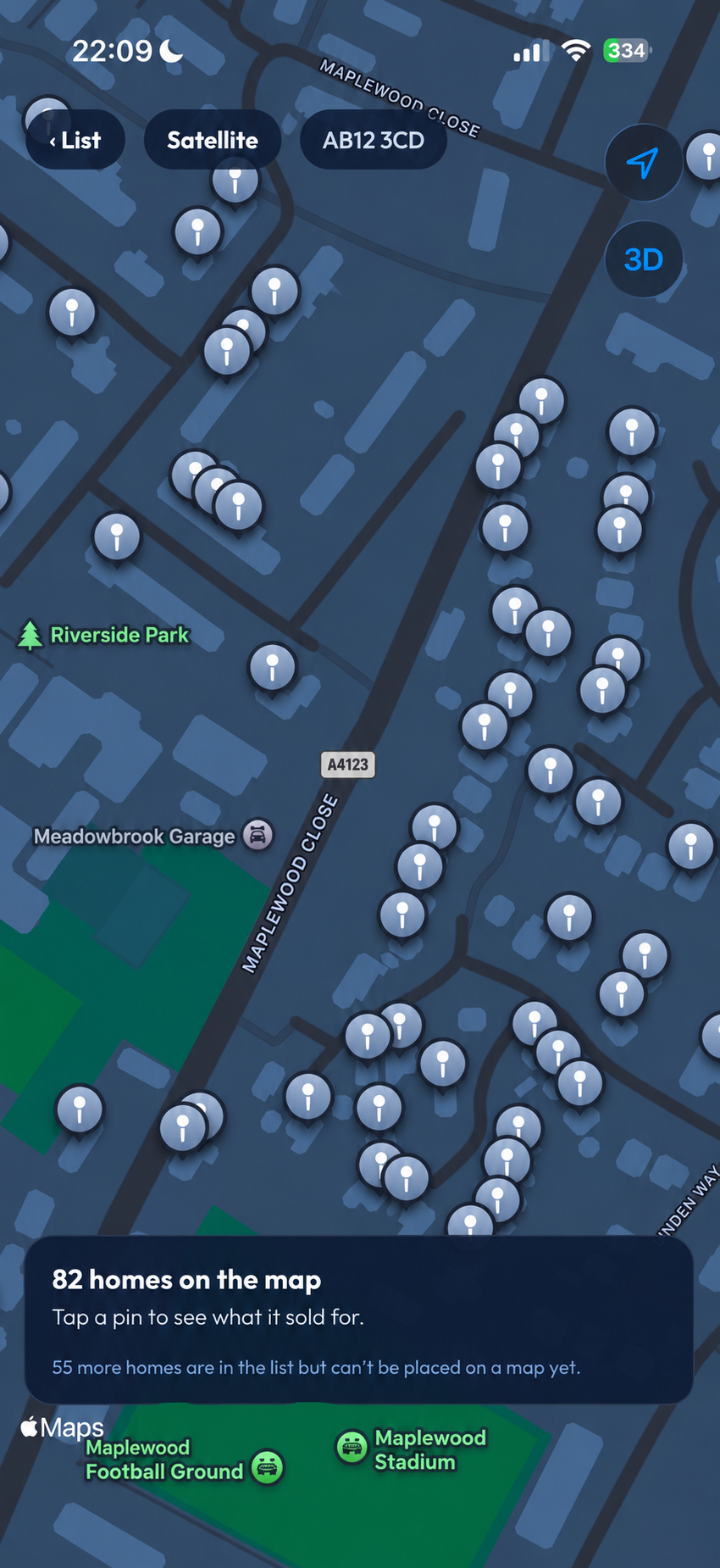 Map view showing pins for homes in a postcode