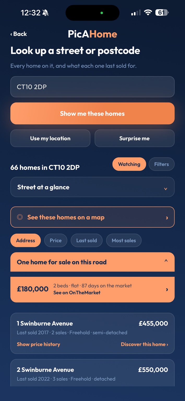 PicAHome postcode search for CT10 2DP showing 66 homes, a current listing and previous sold prices