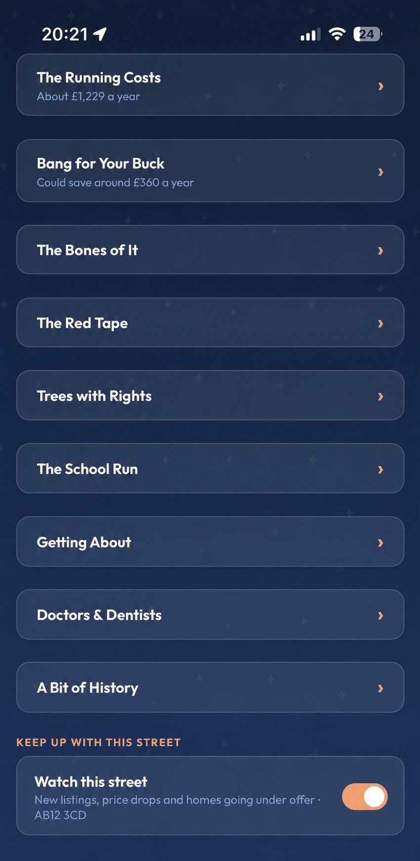 A PicAHome Discovery showing categories such as The Running Costs, The Bones of It and The School Run
