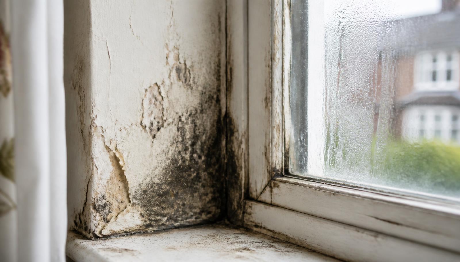 Black mould and peeling paint in the corner of a window reveal in an older UK house