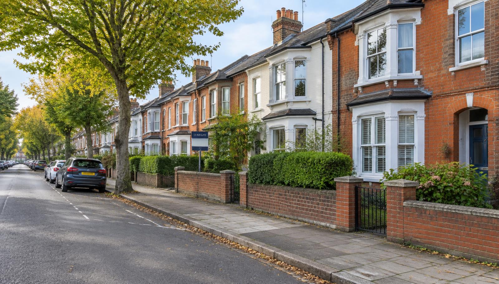 Tree-lined street of British terraced homes with an estate agent board