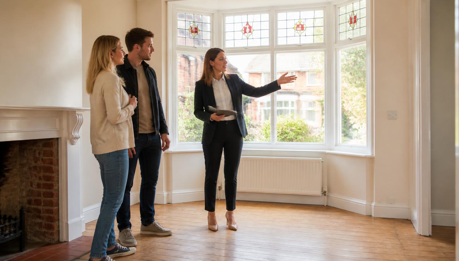 A couple viewing an empty period house in the UK with an estate agent
