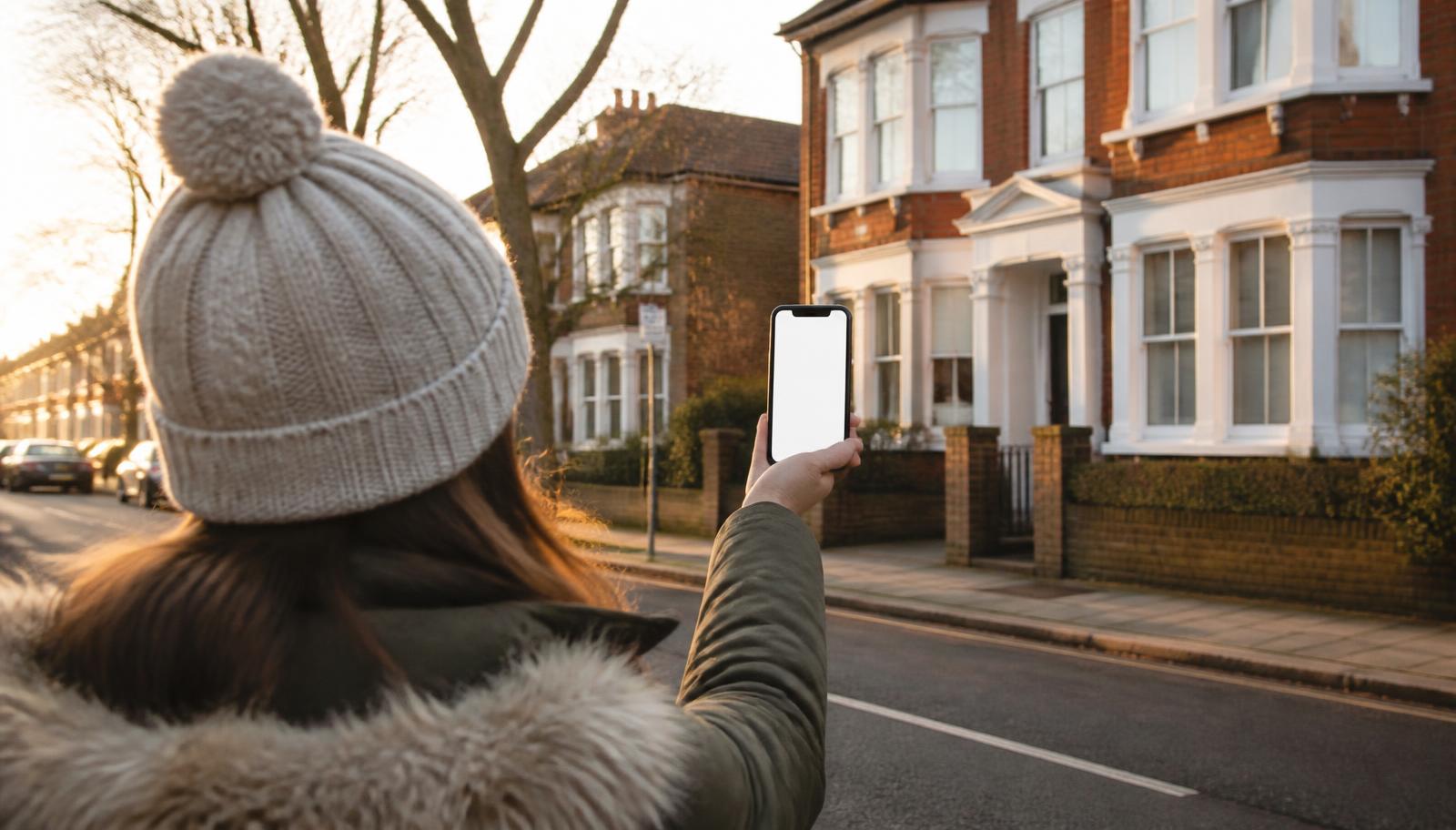 A person pointing their phone at a house while walking down a UK street