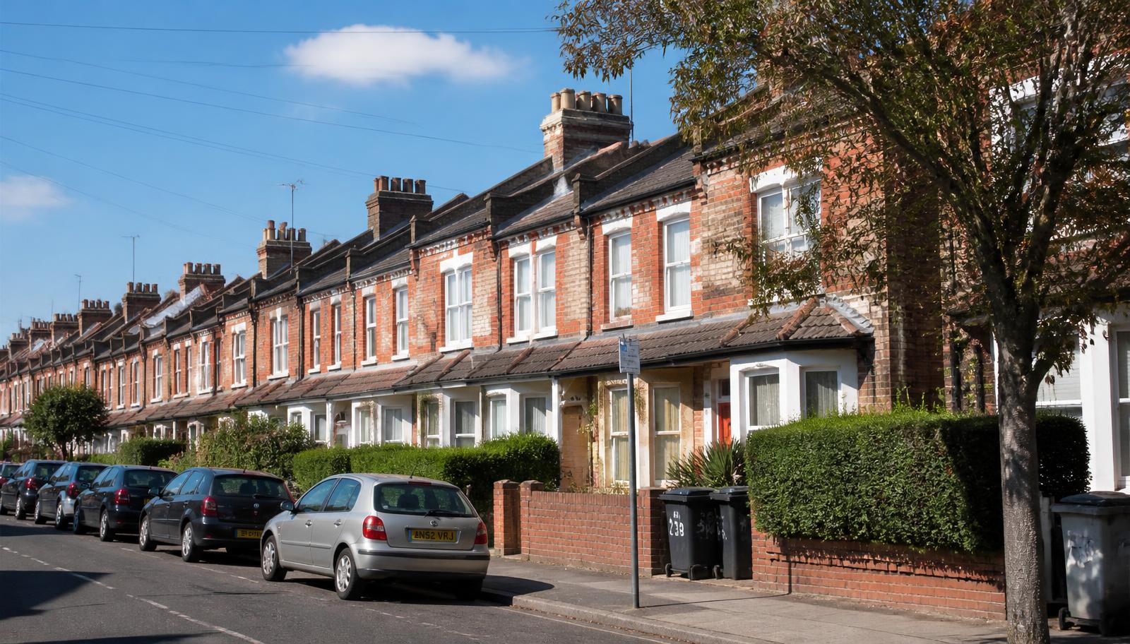 A street of red brick Victorian terraced houses in the UK with parked cars